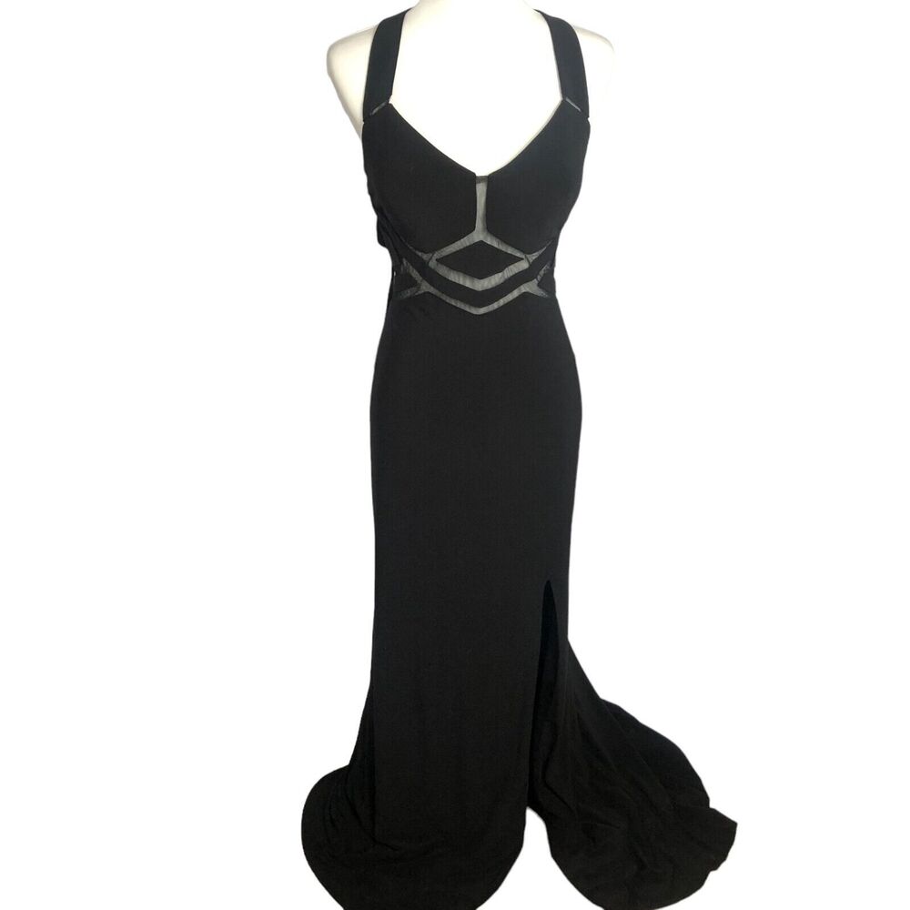 Xscape Black Sexy Deep V-Neck Open Back Maxi Gown Formal Dress Sz 14‎